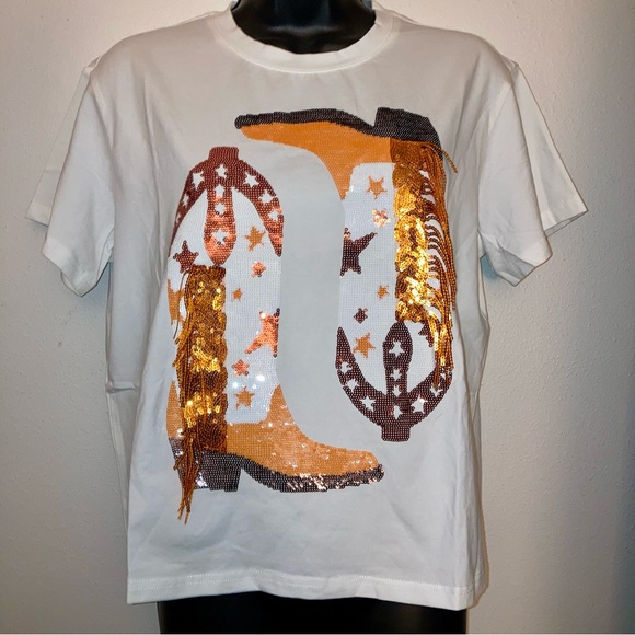 QUEEN OF SPARKLES Orange White Sequins Western Fringe Cowboy Boots Cowgirl Shirt - Picture 4 of 17